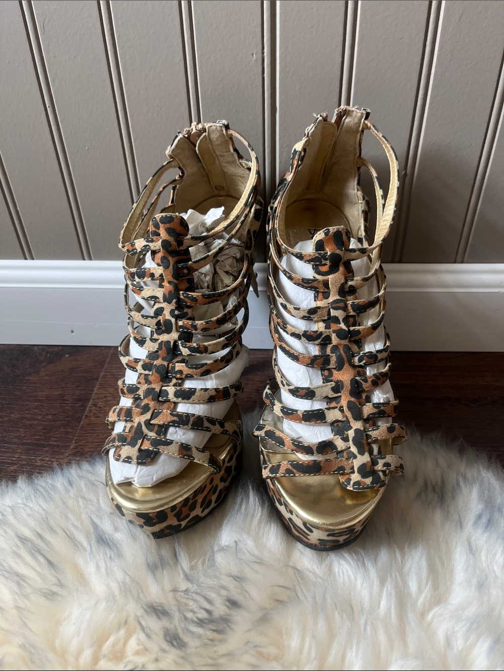 Bonnibel Leopard Print Strappy Platform Sandals with Gold Accents